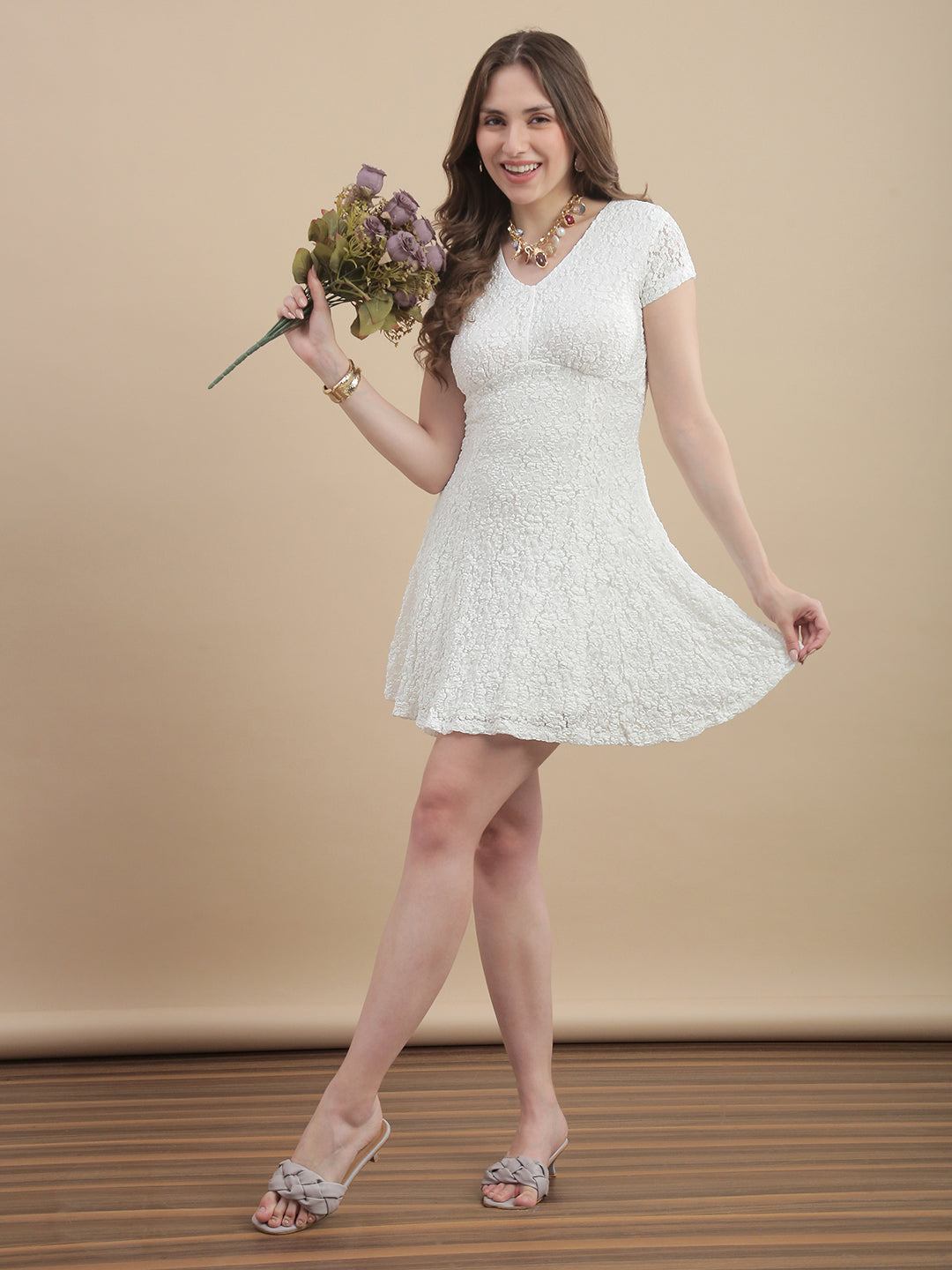 Womens Solid V-Neck A-Line Lace Mini Dress - Whisper White