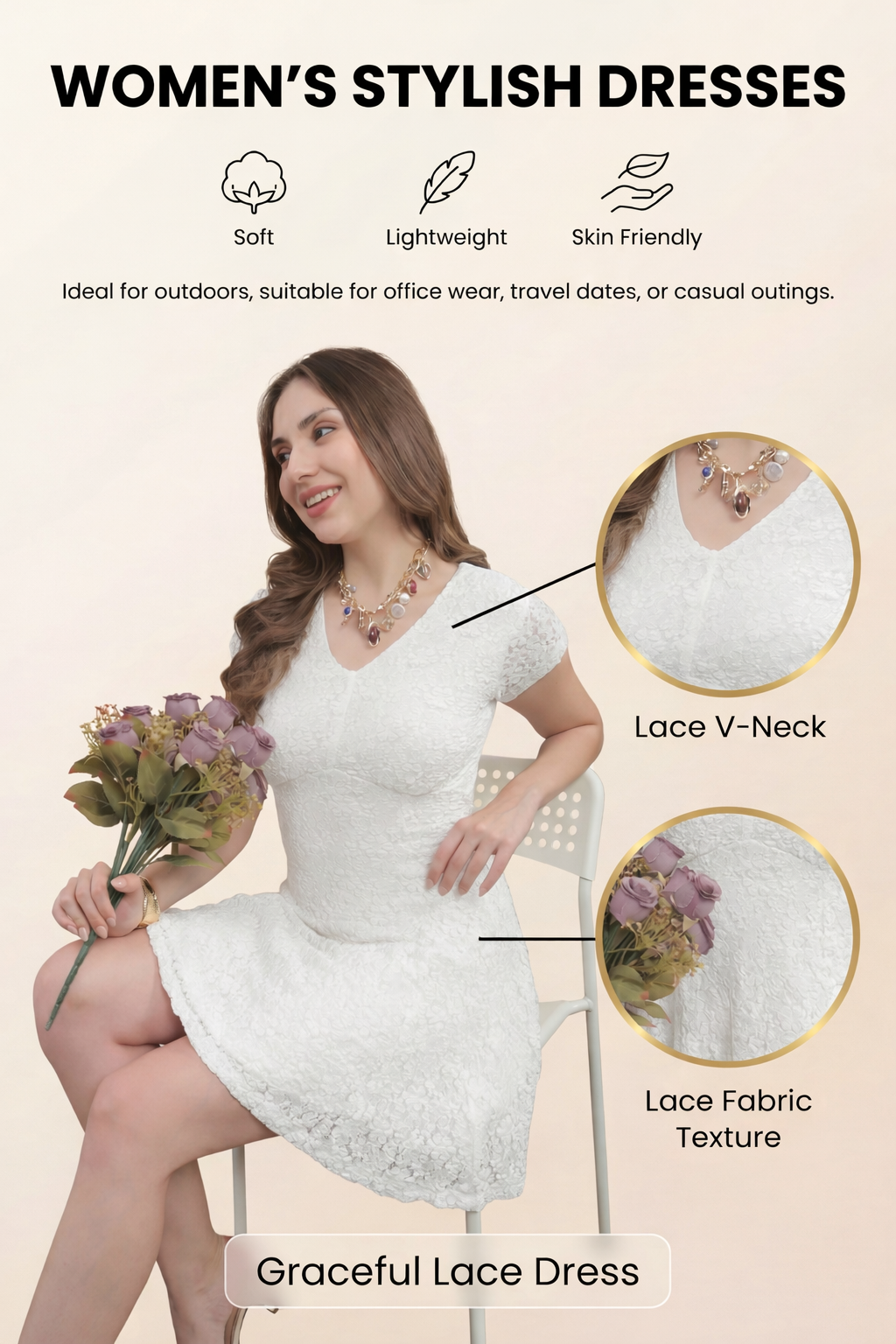 Womens Solid V-Neck A-Line Lace Mini Dress - Whisper White