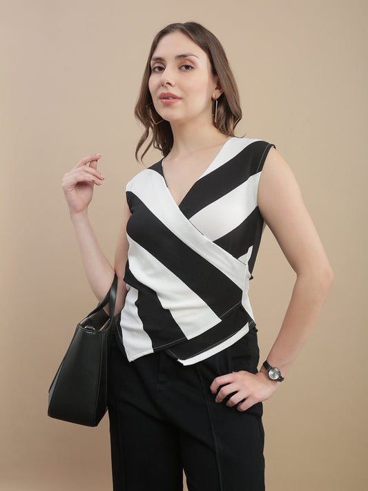 Womens Polyester Striped Sleeveless Clasp Top – White & Black
