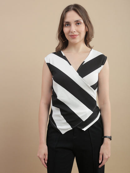 Womens Polyester Striped Sleeveless Clasp Top – White & Black