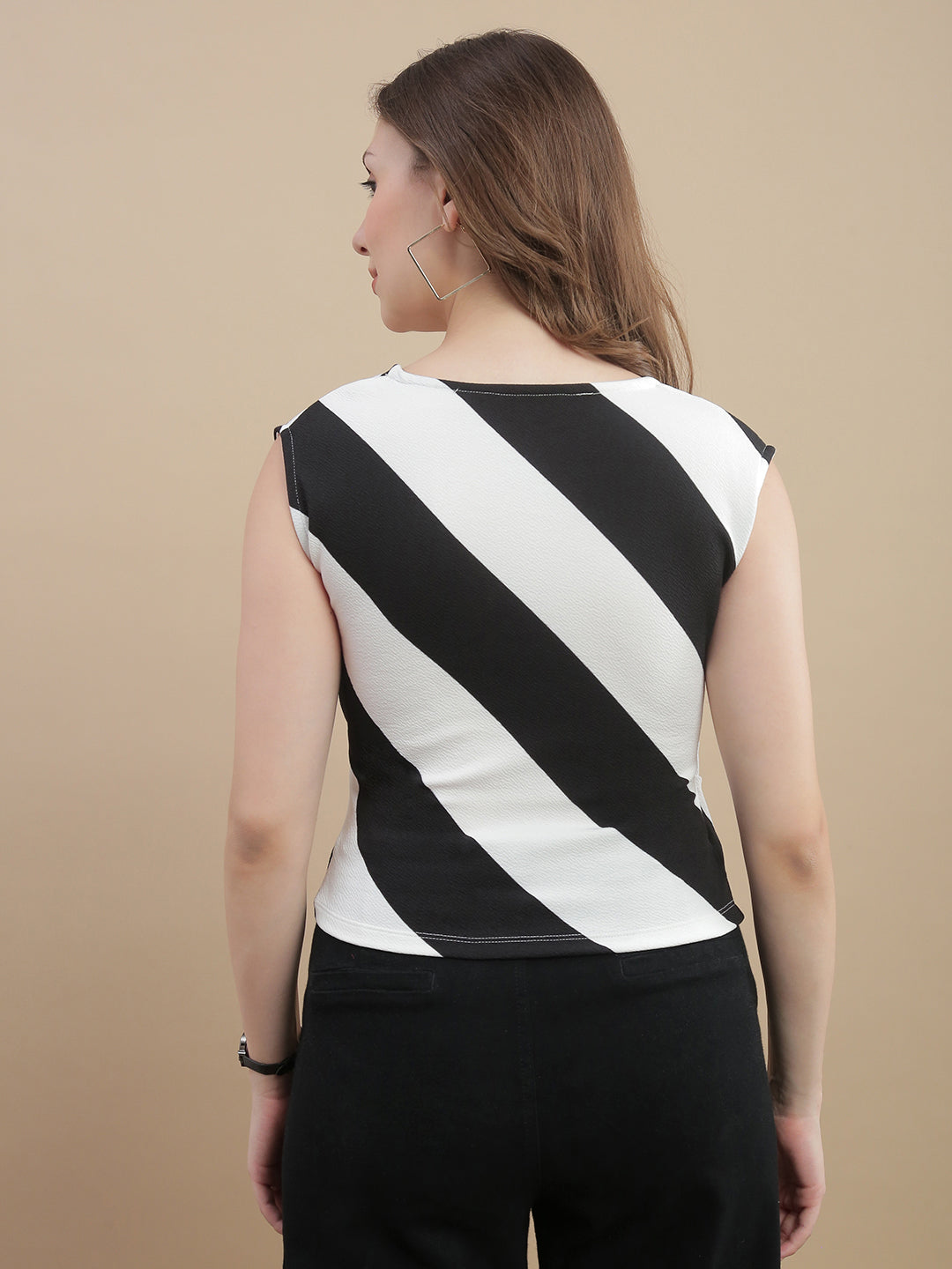 Womens Polyester Striped Sleeveless Clasp Top – White & Black