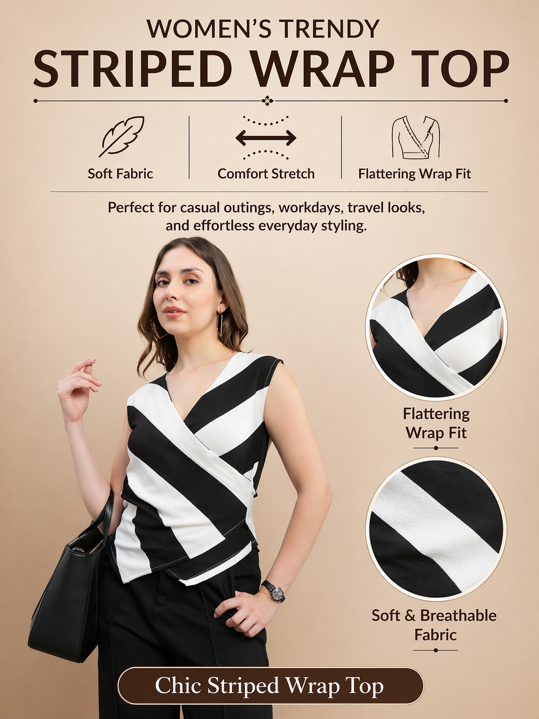 Womens Polyester Striped Sleeveless Clasp Top – White & Black