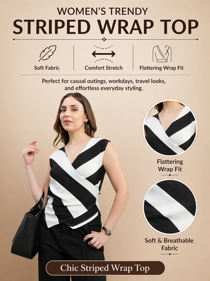 Womens Polyester Striped Sleeveless Clasp Top – White & Black