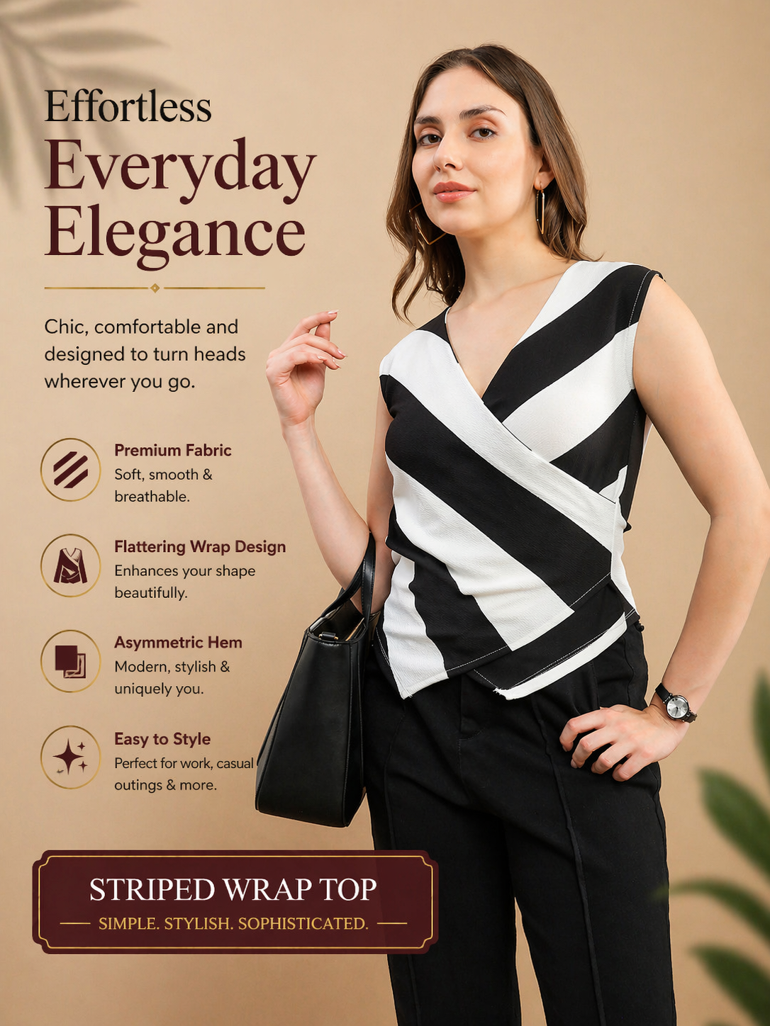 Womens Polyester Striped Sleeveless Clasp Top – White & Black