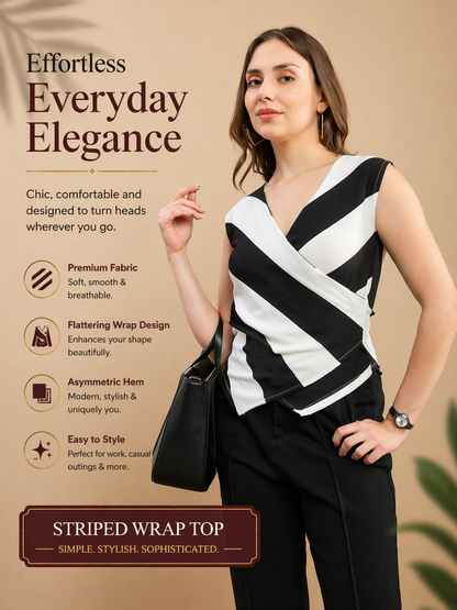 Womens Polyester Striped Sleeveless Clasp Top – White & Black