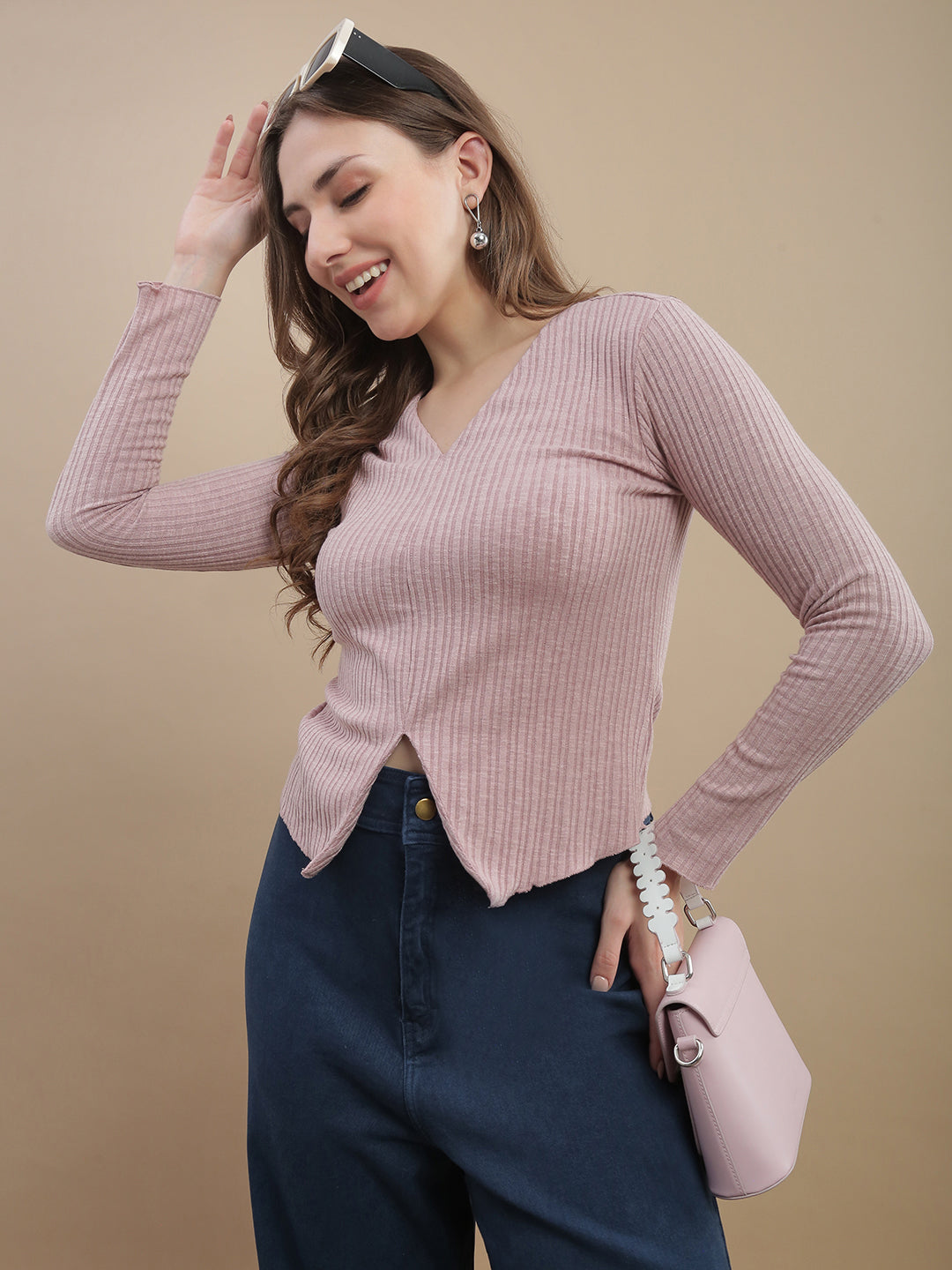 Womens Solid Ribbed Full Sleeve Top - Pink