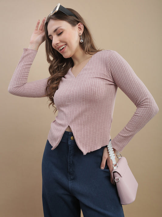 Womens Solid Ribbed Full Sleeve Top - Pink