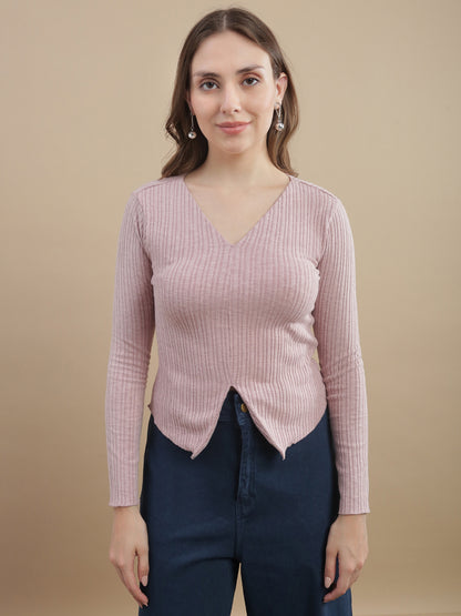 Womens Solid Ribbed Full Sleeve Top - Pink