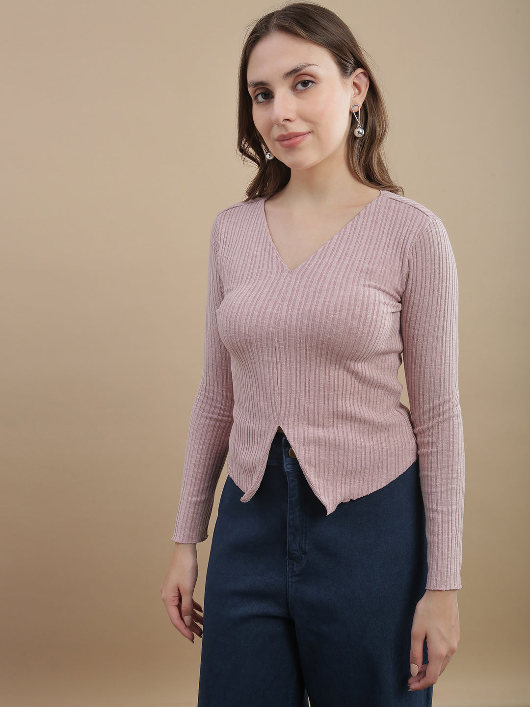 Womens Solid Ribbed Full Sleeve Top - Pink