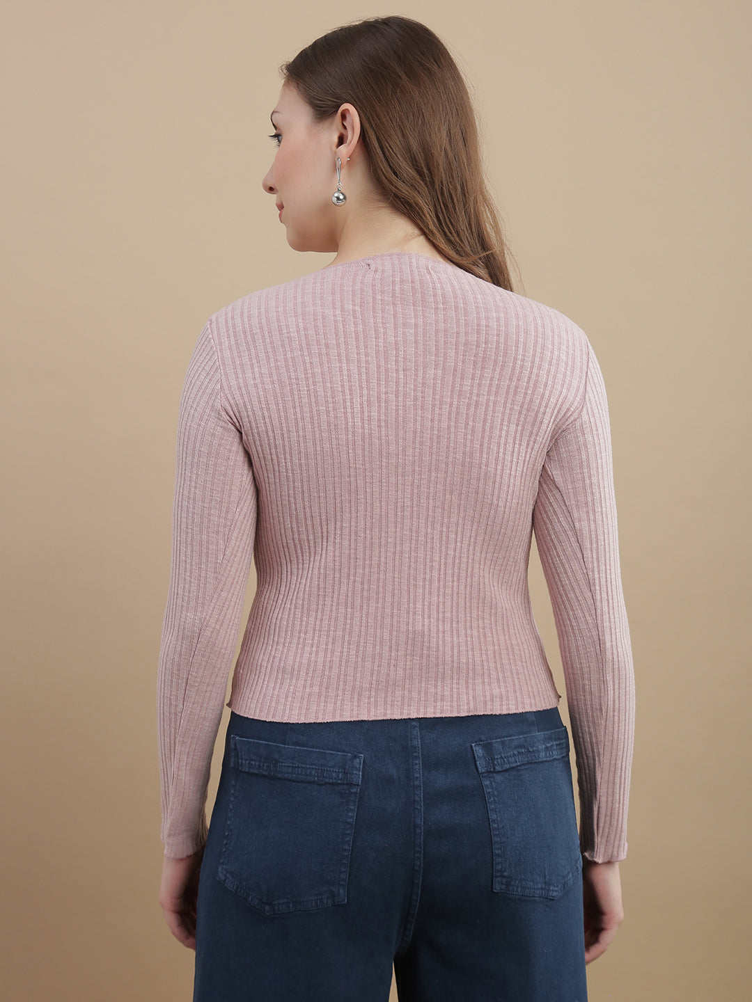Womens Solid Ribbed Full Sleeve Top - Pink