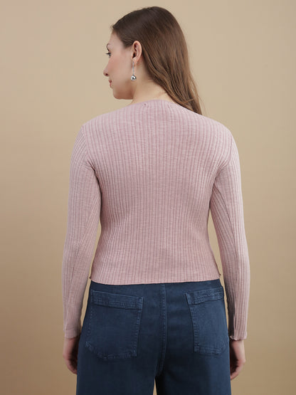 Womens Solid Ribbed Full Sleeve Top - Pink