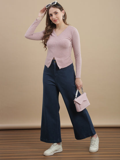 Womens Solid Ribbed Full Sleeve Top - Pink