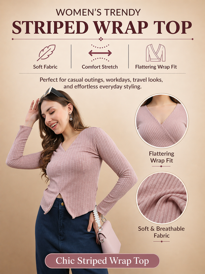 Womens Solid Ribbed Full Sleeve Top - Pink