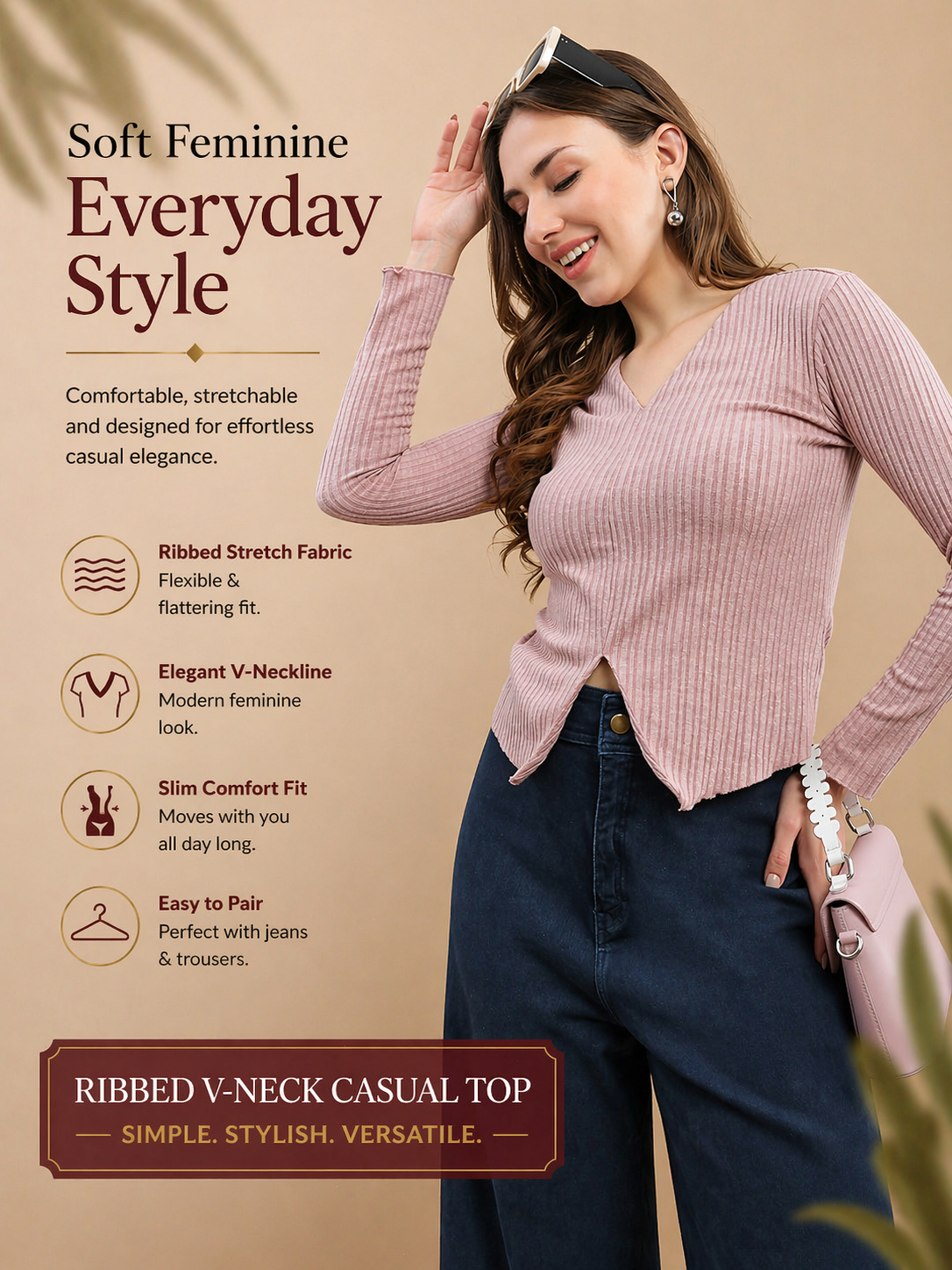 Womens Solid Ribbed Full Sleeve Top - Pink