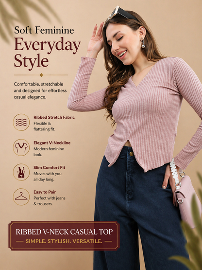 Womens Solid Ribbed Full Sleeve Top - Pink