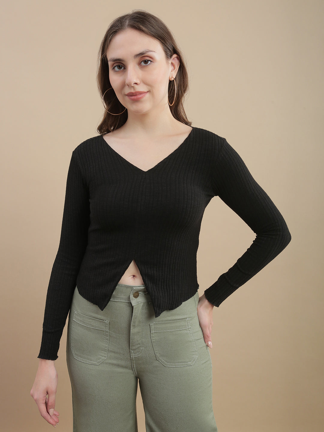 Womens Solid Ribbed Full Sleeve Top - Black