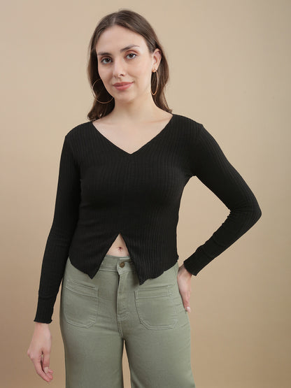 Womens Solid Ribbed Full Sleeve Top - Black