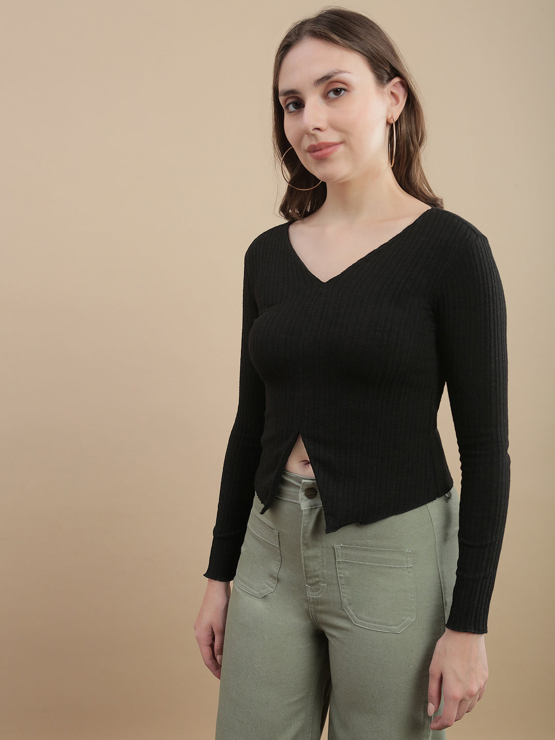 Womens Solid Ribbed Full Sleeve Top - Black