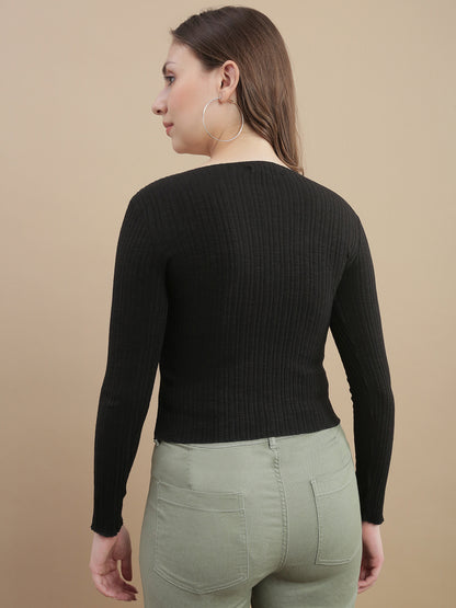 Womens Solid Ribbed Full Sleeve Top - Black