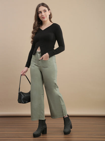 Womens Solid Ribbed Full Sleeve Top - Black