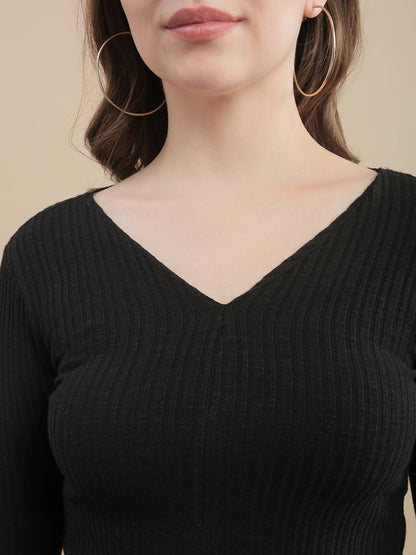 Womens Solid Ribbed Full Sleeve Top - Black