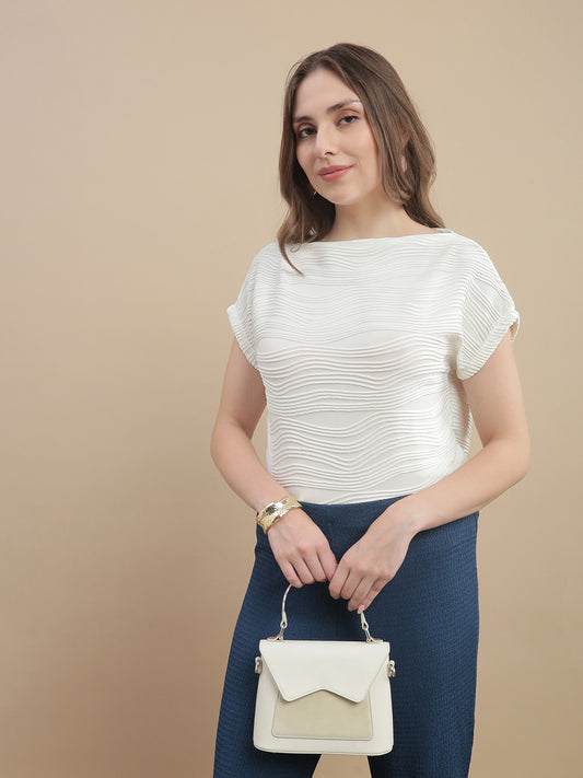 Womens Dropped Shoulder Textured Fashion T-Shirt- Off White