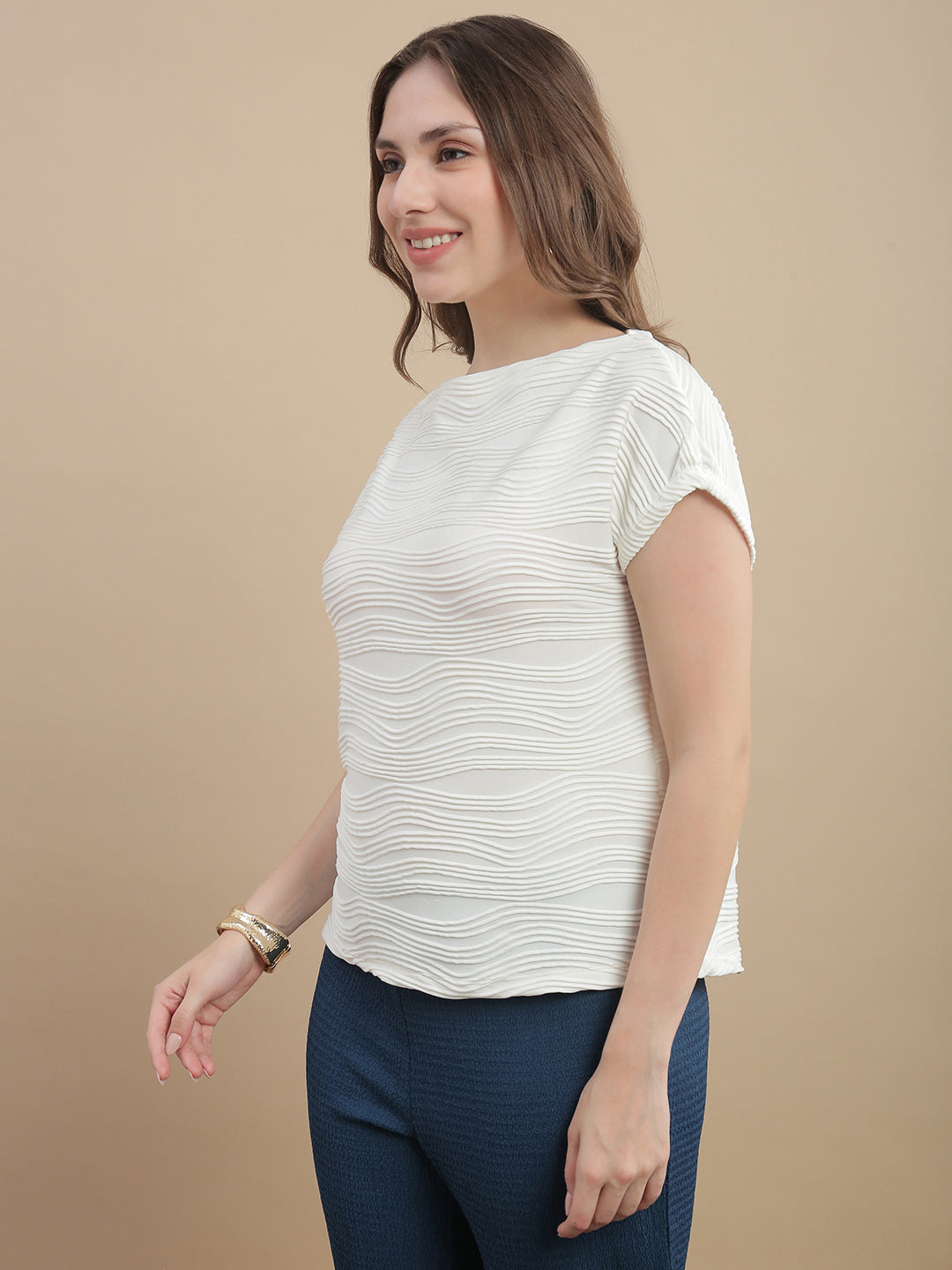 Womens Dropped Shoulder Textured Fashion T-Shirt- Off White