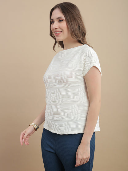 Womens Dropped Shoulder Textured Fashion T-Shirt- Off White