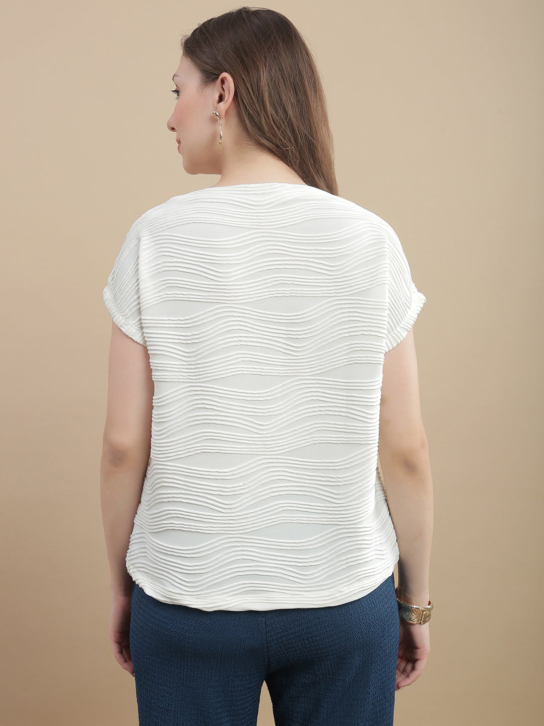 Womens Dropped Shoulder Textured Fashion T-Shirt- Off White