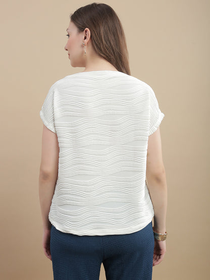 Womens Dropped Shoulder Textured Fashion T-Shirt- Off White