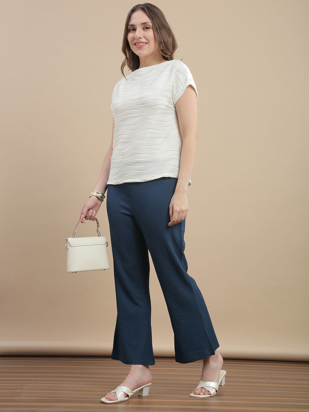 Womens Dropped Shoulder Textured Fashion T-Shirt- Off White