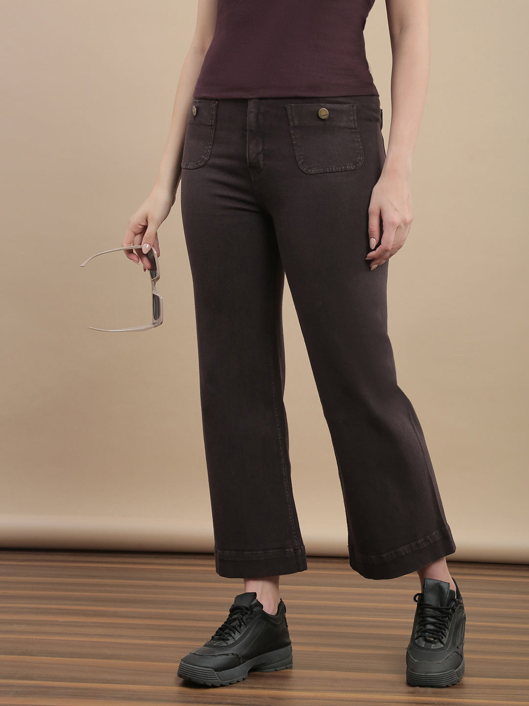 Womens Straight Fit Denim Cotton Blend Solid Pants - Brown