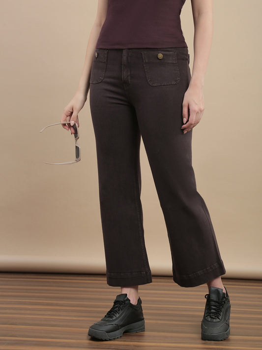 Womens Straight Fit Denim Cotton Blend Solid Pants - Brown