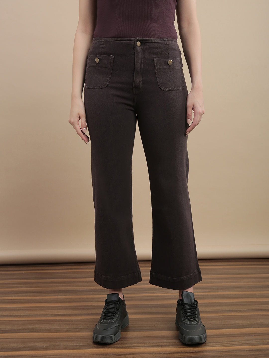 Womens Straight Fit Denim Cotton Blend Solid Pants - Brown