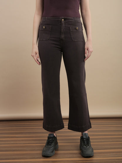 Womens Straight Fit Denim Cotton Blend Solid Pants - Brown