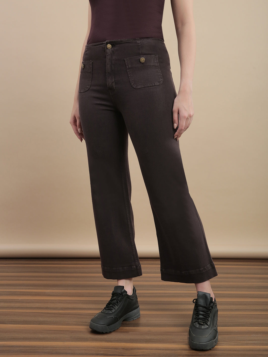 Womens Straight Fit Denim Cotton Blend Solid Pants - Brown