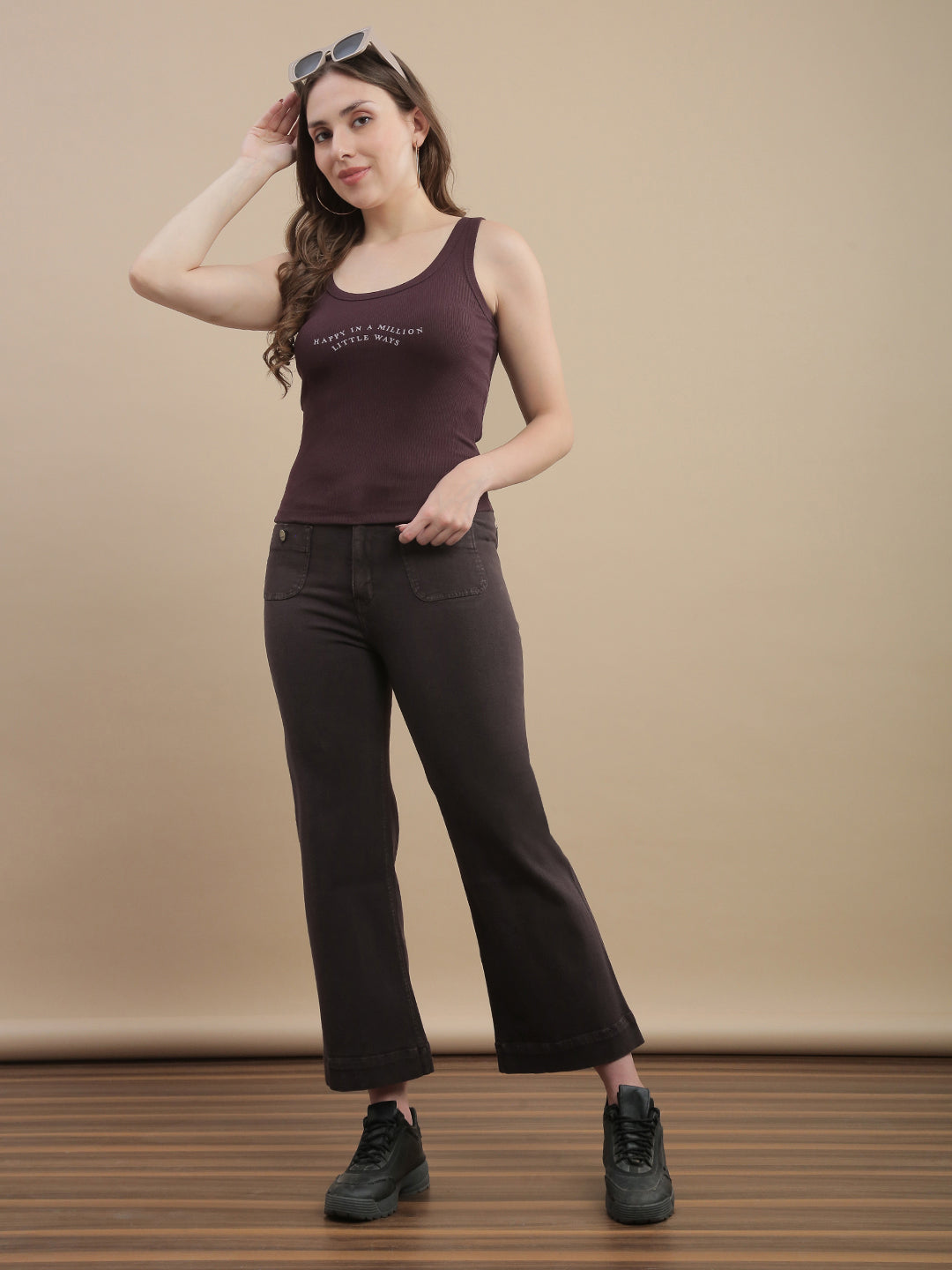 Womens Straight Fit Denim Cotton Blend Solid Pants - Brown