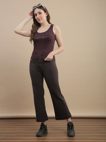 Womens Straight Fit Denim Cotton Blend Solid Pants - Brown