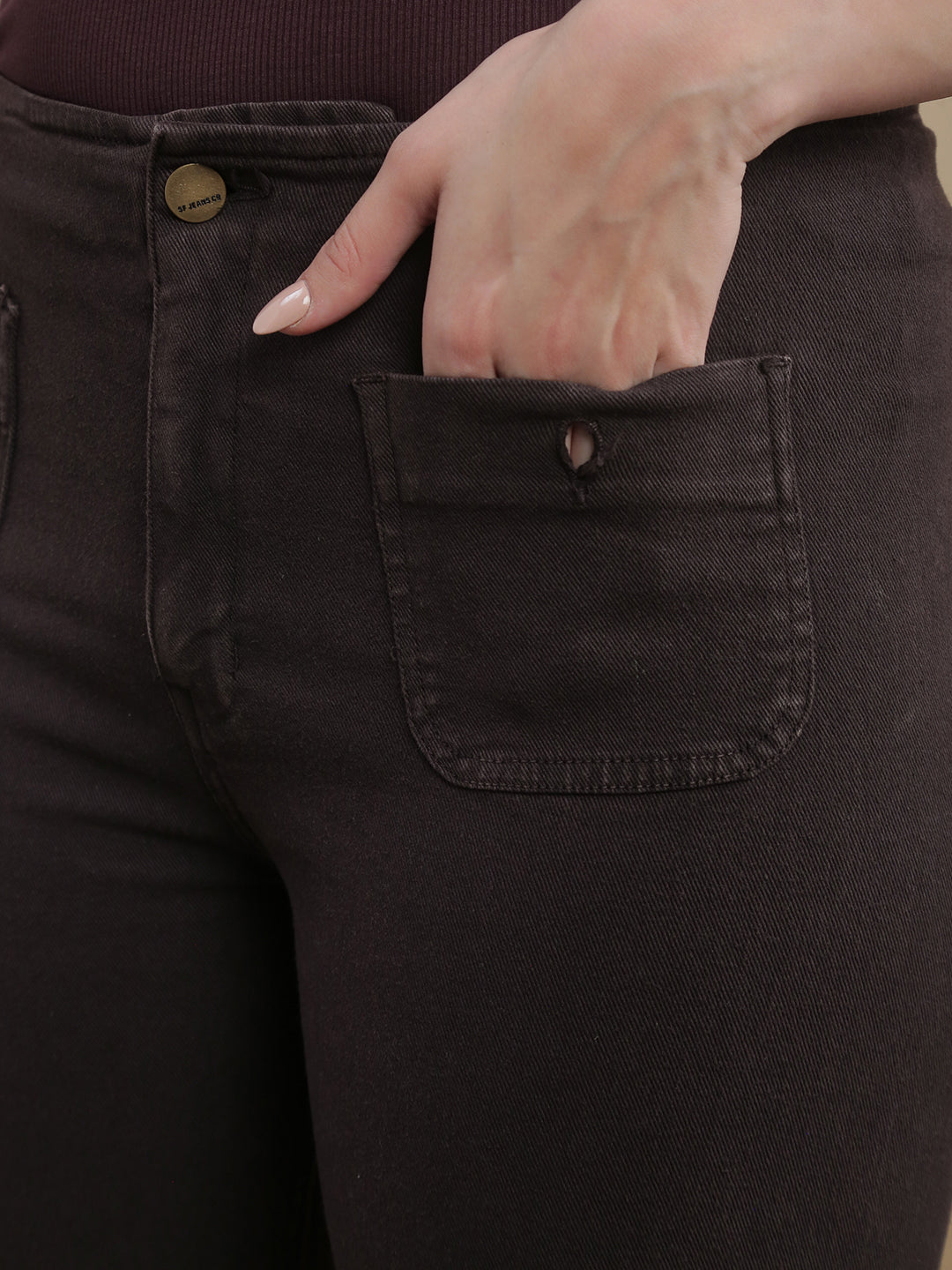 Womens Straight Fit Denim Cotton Blend Solid Pants - Brown