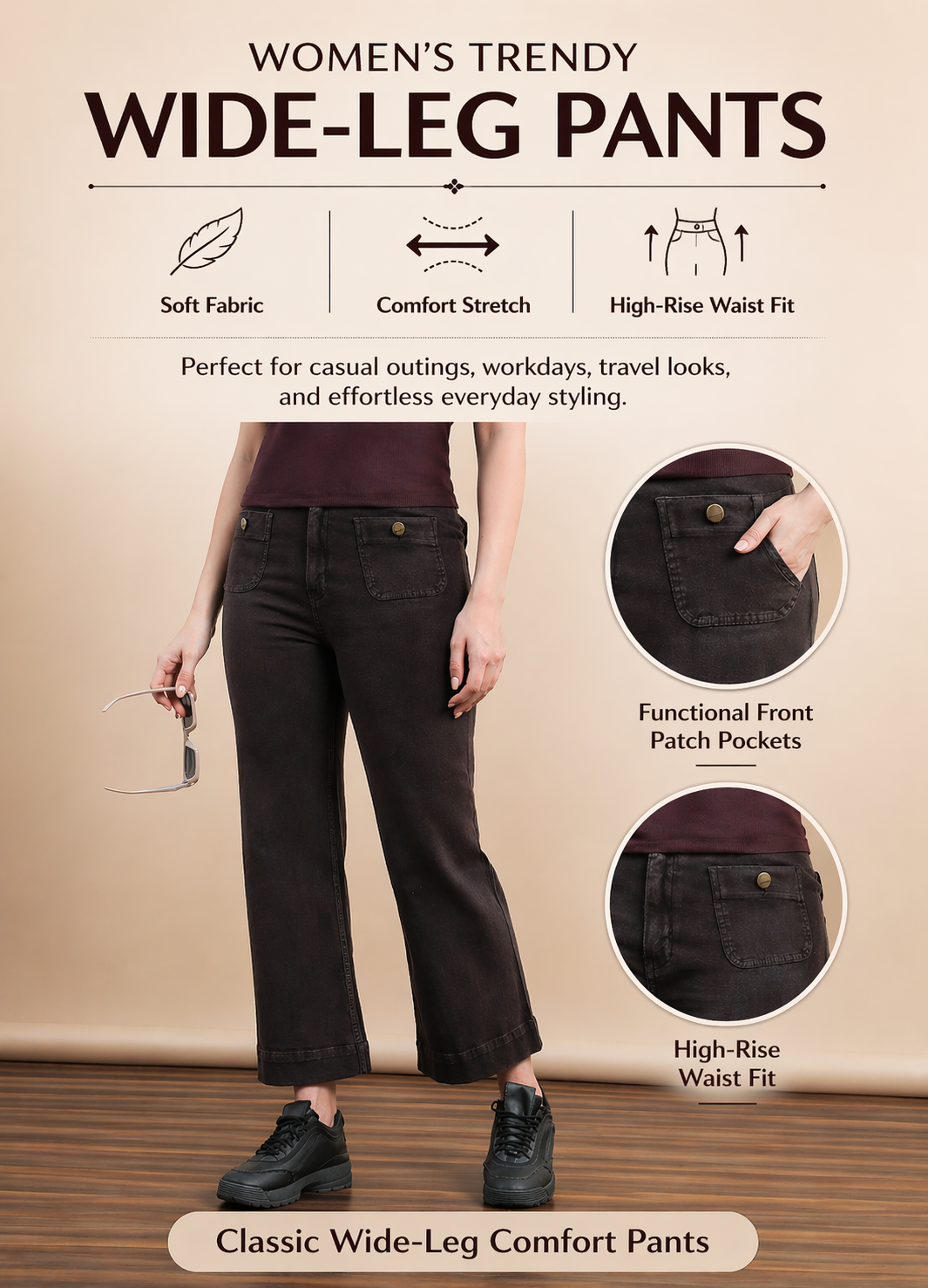 Womens Straight Fit Denim Cotton Blend Solid Pants - Brown