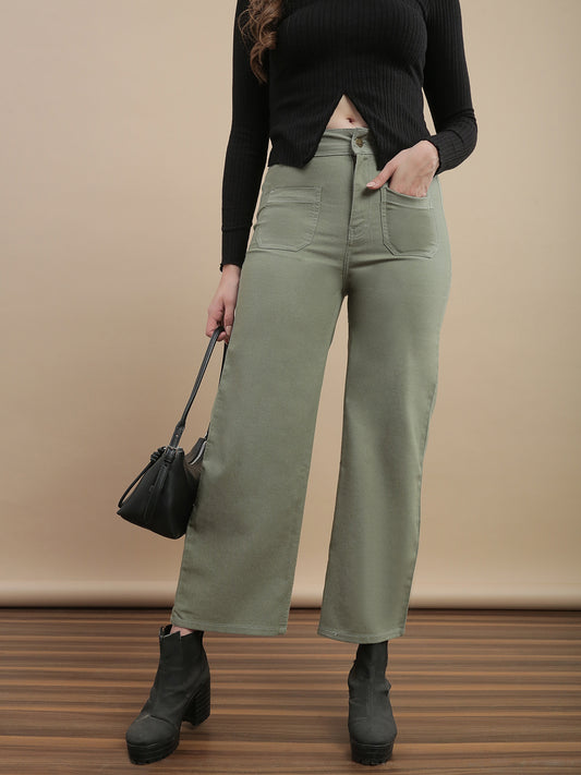 Womens Straight Fit Denim Meadows Cotton Solid Casual Pant - Light Green