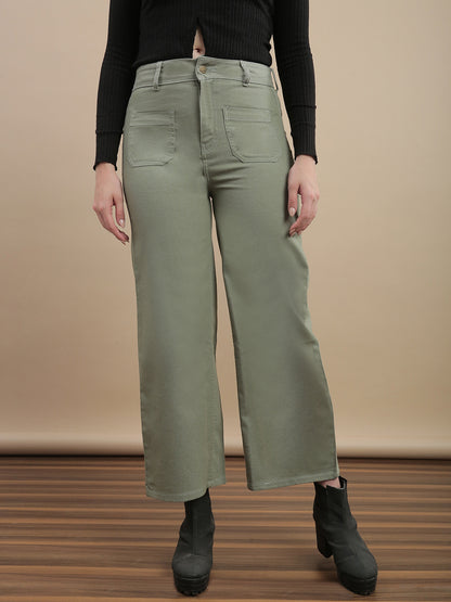 Womens Straight Fit Denim Meadows Cotton Solid Casual Pant - Light Green