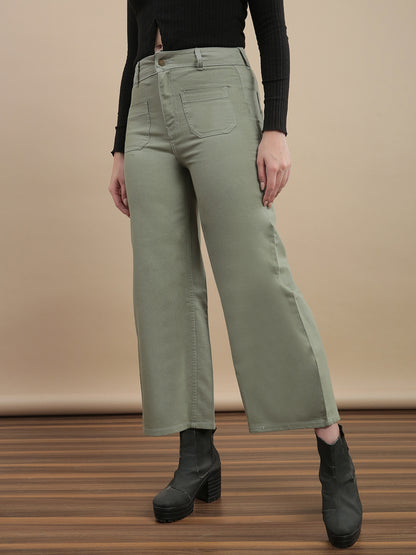 Womens Straight Fit Denim Meadows Cotton Solid Casual Pant - Light Green