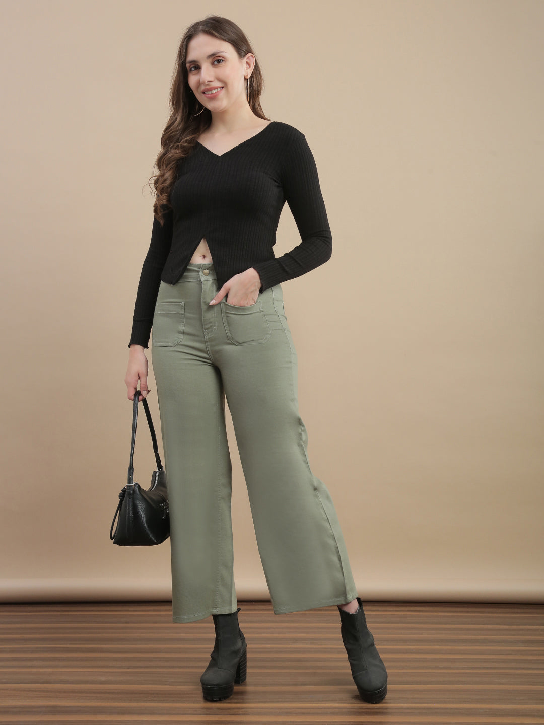 Womens Straight Fit Denim Meadows Cotton Solid Casual Pant - Light Green