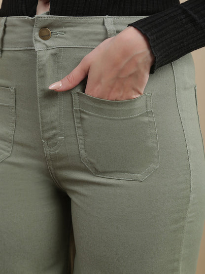Womens Straight Fit Denim Meadows Cotton Solid Casual Pant - Light Green