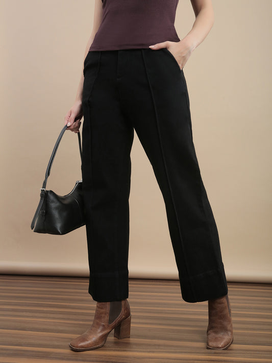 Womens Straight Fit High Stretch Cotton Solid Casual Pants- Black