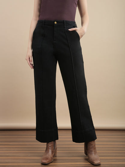 Womens Straight Fit High Stretch Cotton Solid Casual Pants- Black