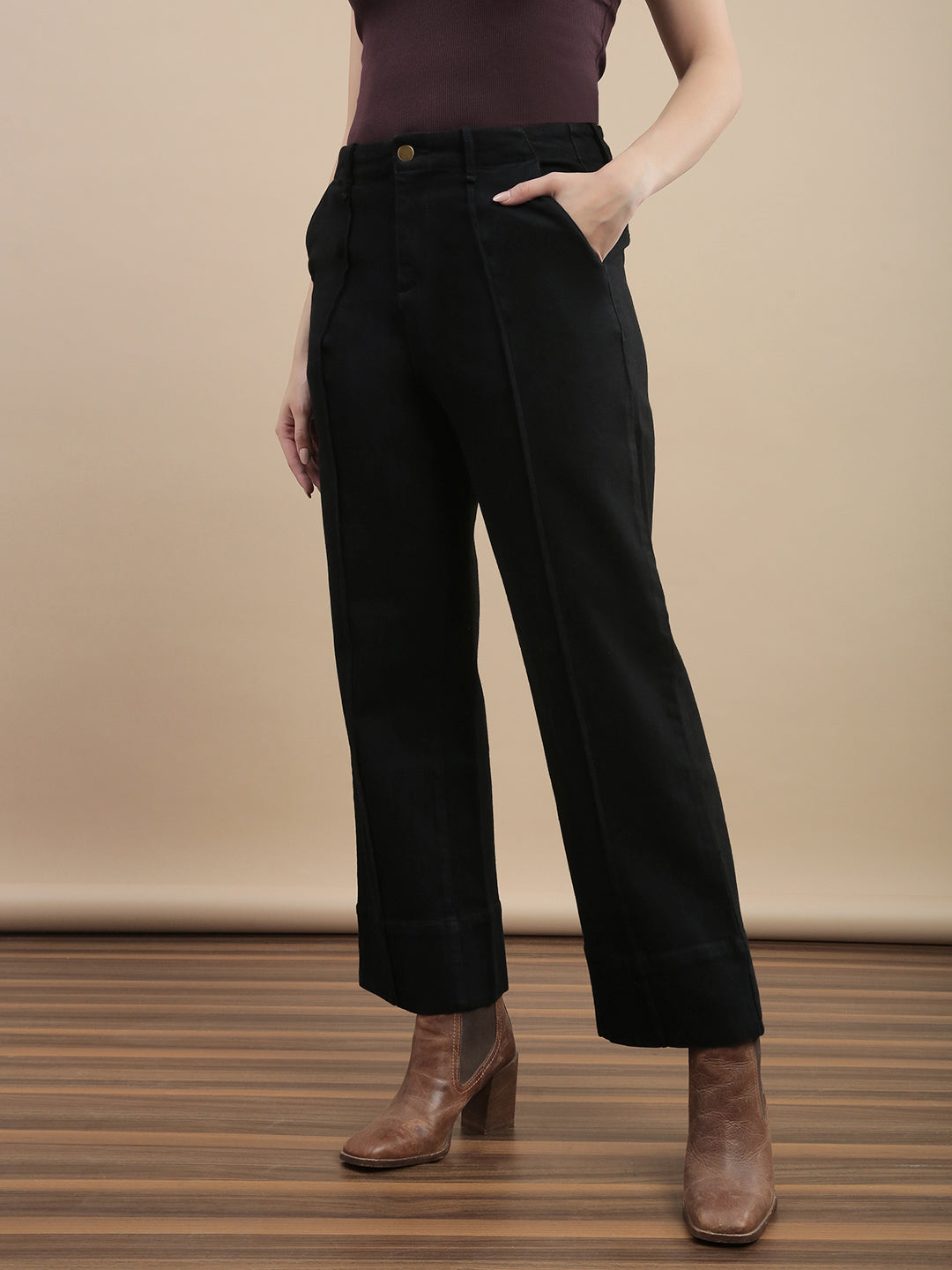 Womens Straight Fit High Stretch Cotton Solid Casual Pants- Black
