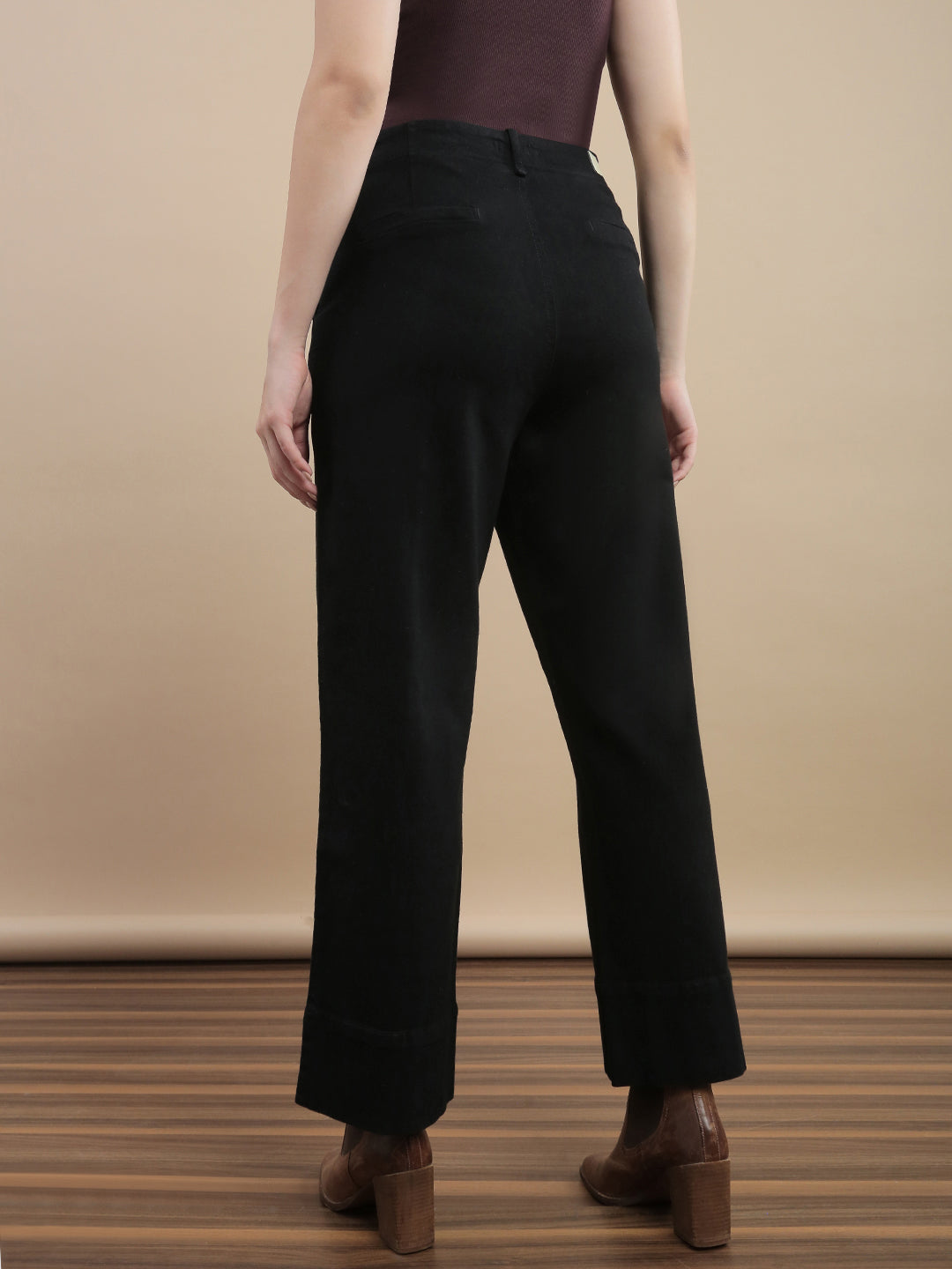 Womens Straight Fit High Stretch Cotton Solid Casual Pants- Black