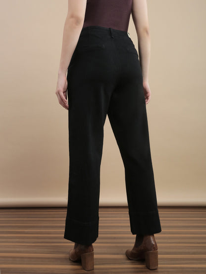 Womens Straight Fit High Stretch Cotton Solid Casual Pants- Black